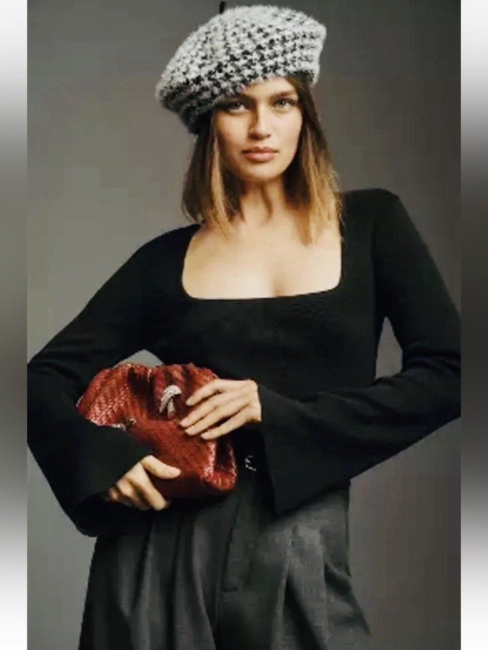 Anthropologie-Square-Neck Bell Sleeve Sweater, Black, 20in Bust (XL)